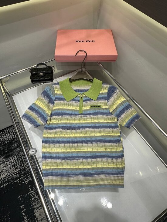Miu Miu Tops - Miu Miu Short-Sleeve Shirt with Collar and Ombré Zipper